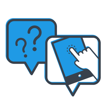 A blue and grey vector drawing of two speech bubbles. One includes question marks, the other shows a hand tapping a tablet.