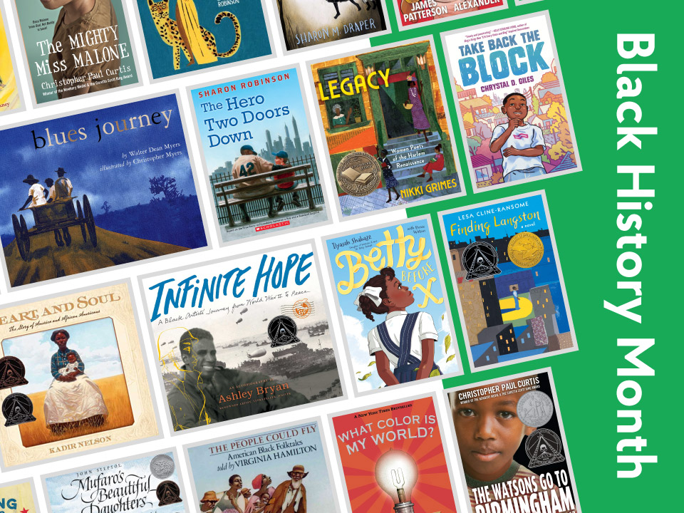 A collage of children's book covers, themed around Black History Month