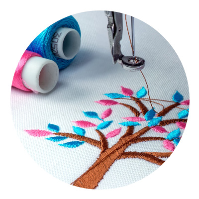 Closeup of a machine embroidered tree design