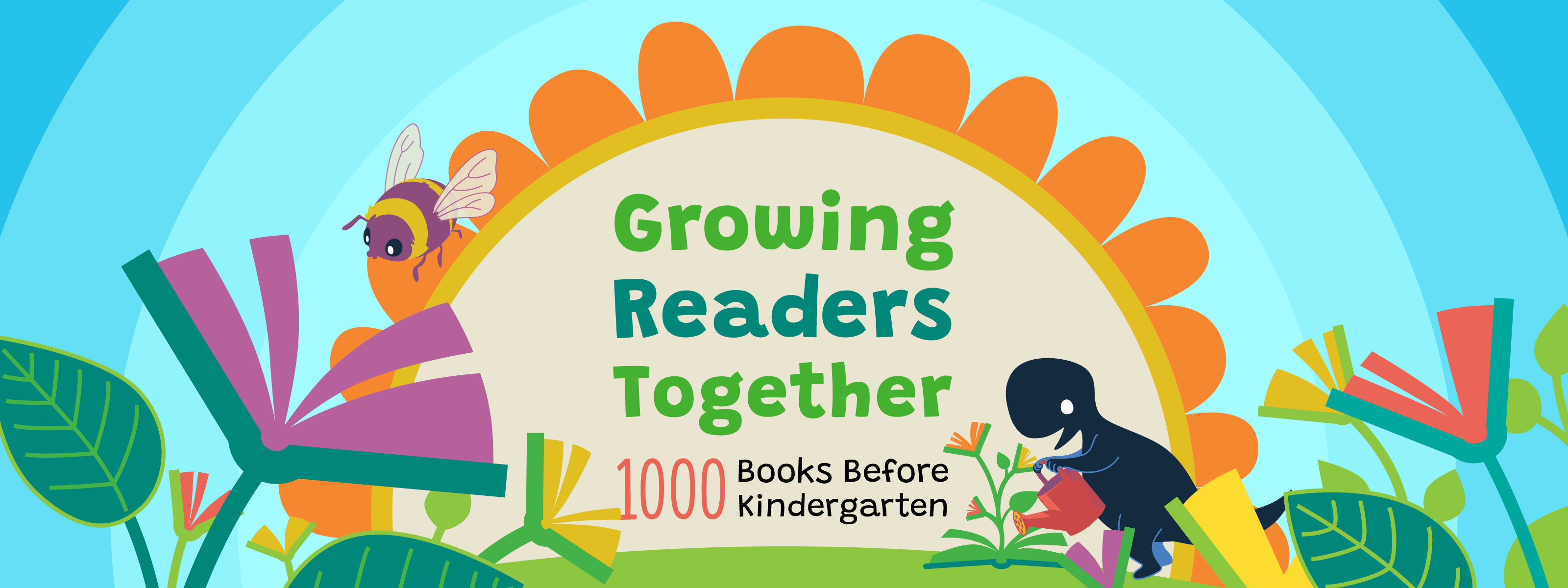 A cute dinosaur mascot waters flowering books alongside the Growing Readers Together logo