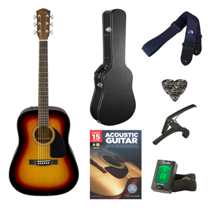 Guitar contents including tuner, picks, strap, case, and instruction book