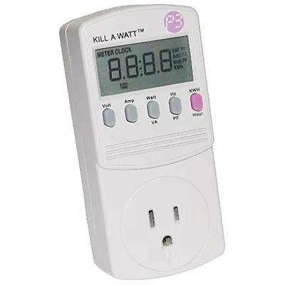 Kill A Watt meter: a handheld device with a readout and power socket
