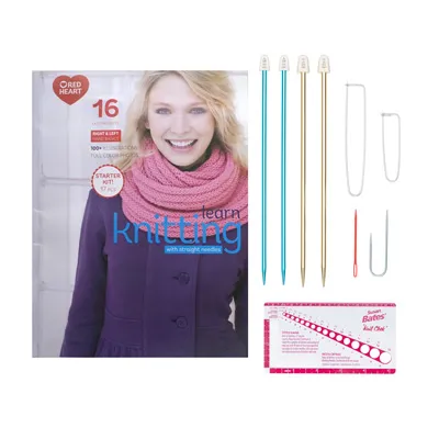 Knitting kit contents including needles, stitch holders, gauge check, and book