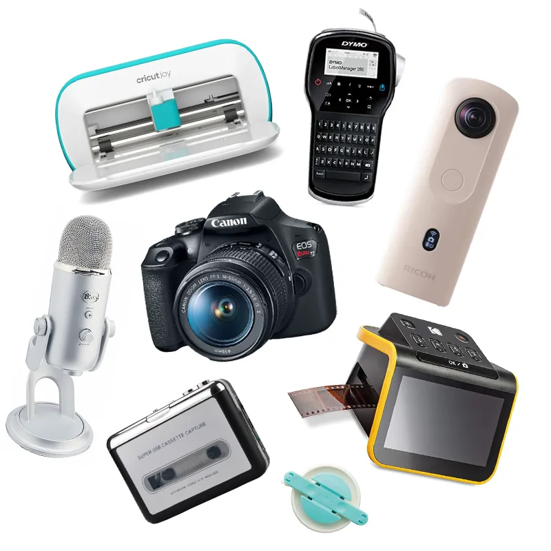 Collage of tools, including Cricut Joy, label maker, digital cameras, film scanner, pom pom maker, cassette converter, and microphone