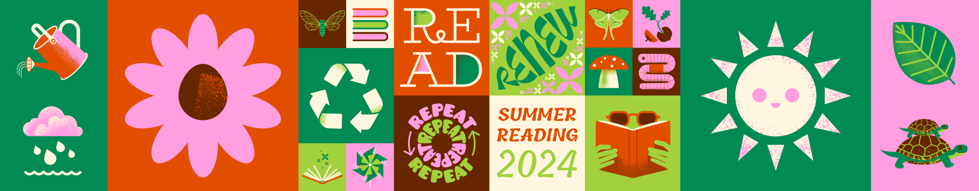 Retro reading and nature icons with text "Read, Renew, Repeat"