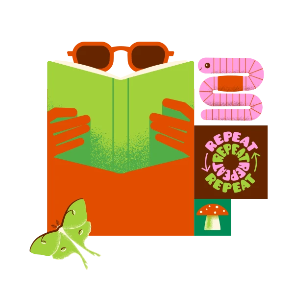 Reading a book, worm, mushroom, and luna moth