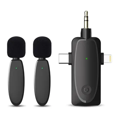 Two wireless lavaliere microphones and a receiver