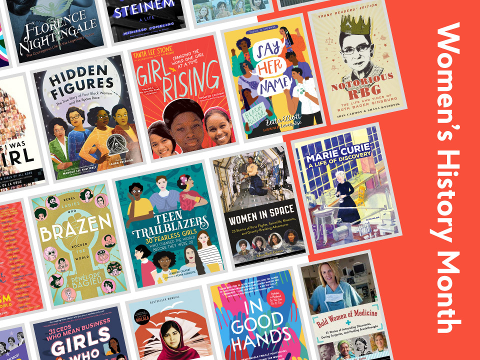 A collage of teen book covers, themed around Women's History Month